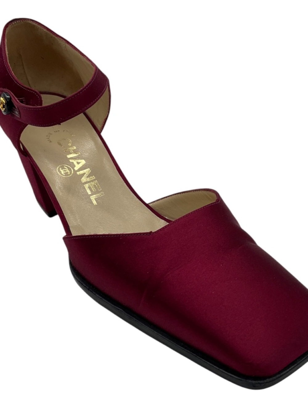 CHANEL BURGUNDY SQUARE TOE SATIN LOW HEEL PUMPS WITH CC LOGO ANKLE STRAP
